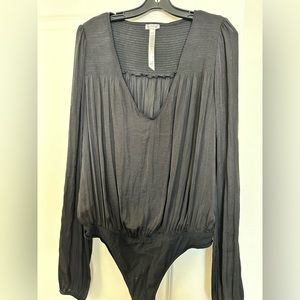 Free People black satin long sleeve bodysuit